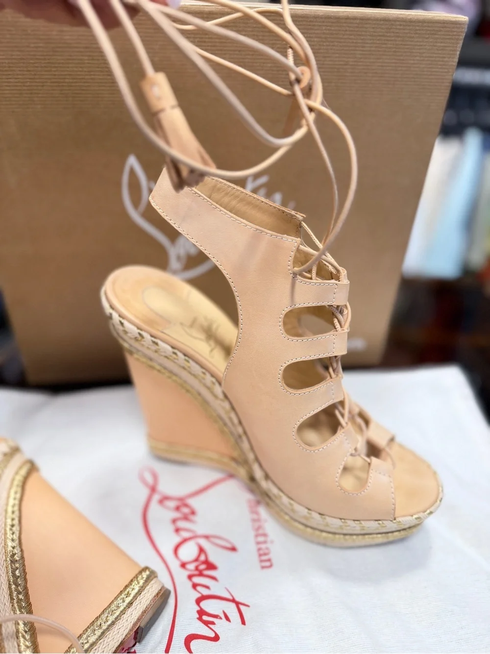 Christian Louboutin Nude Blush Lace-Up Espadrille Wedges